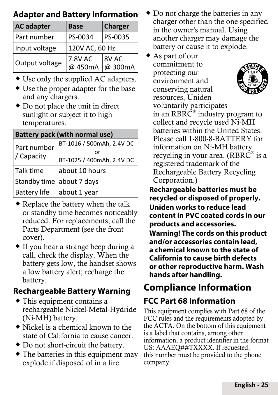 Compliance information | Uniden D2998-6 User Manual | Page 25 / 28