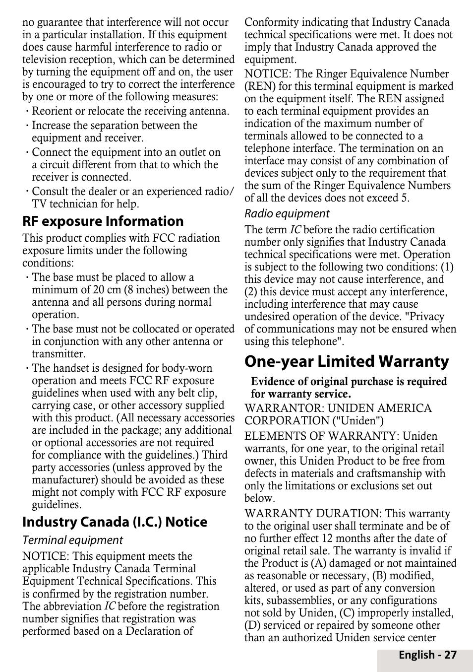 One-year limited warranty, Rf exposure information, Industry canada (i.c.) notice | Uniden D2998-6 User Manual | Page 27 / 28