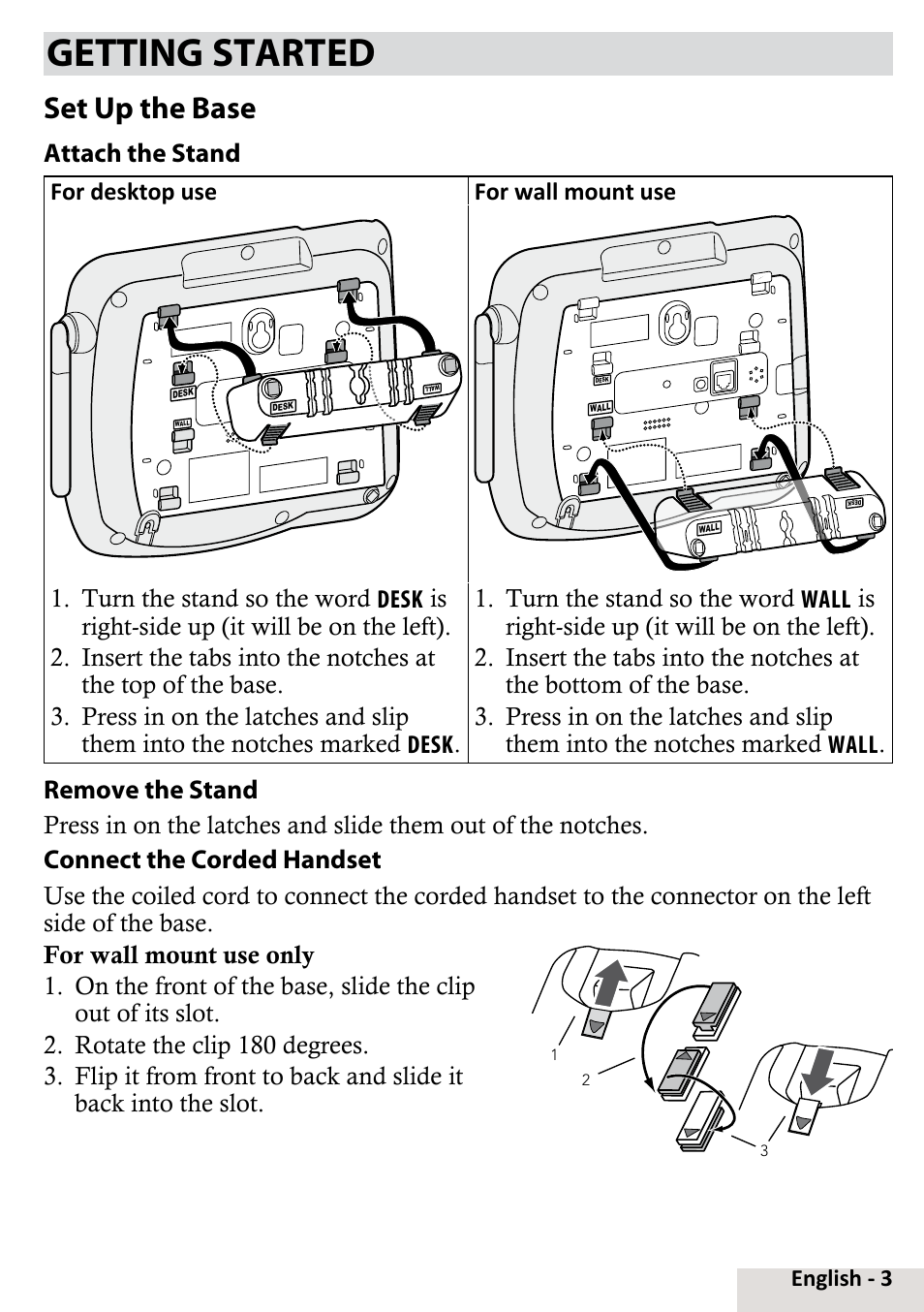 Getting started, Set up the base, Attach the stand | Remove the stand, Connect the corded handset, For desktop use for wall mount use | Uniden D2998-6 User Manual | Page 3 / 28