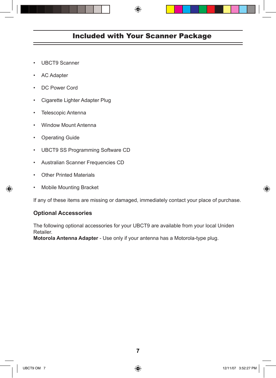 Included with your scanner package | Uniden UBCT9 User Manual | Page 11 / 68