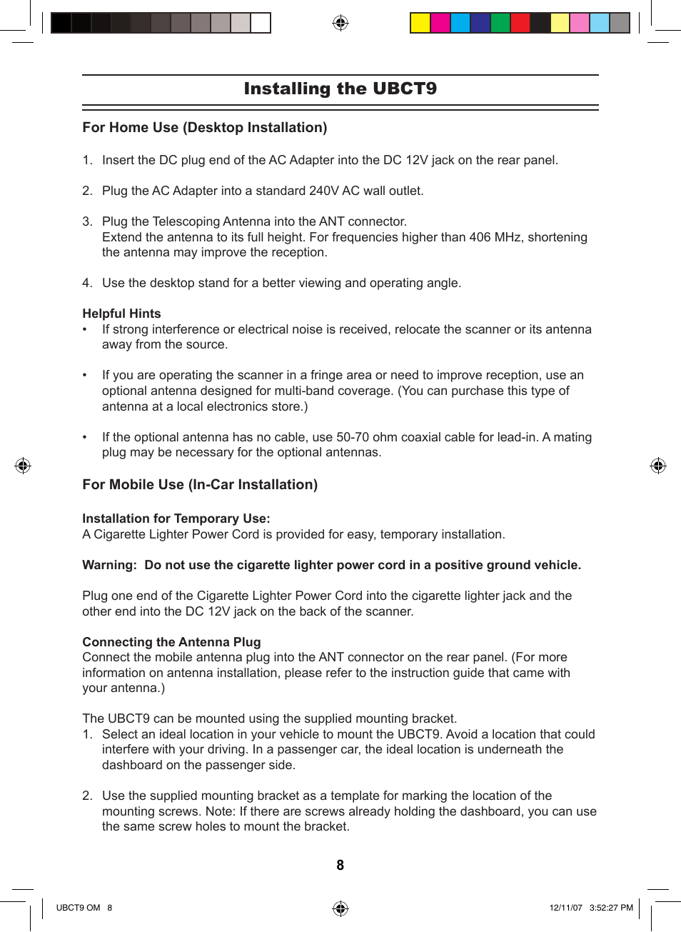 Installing the ubct9 | Uniden UBCT9 User Manual | Page 12 / 68
