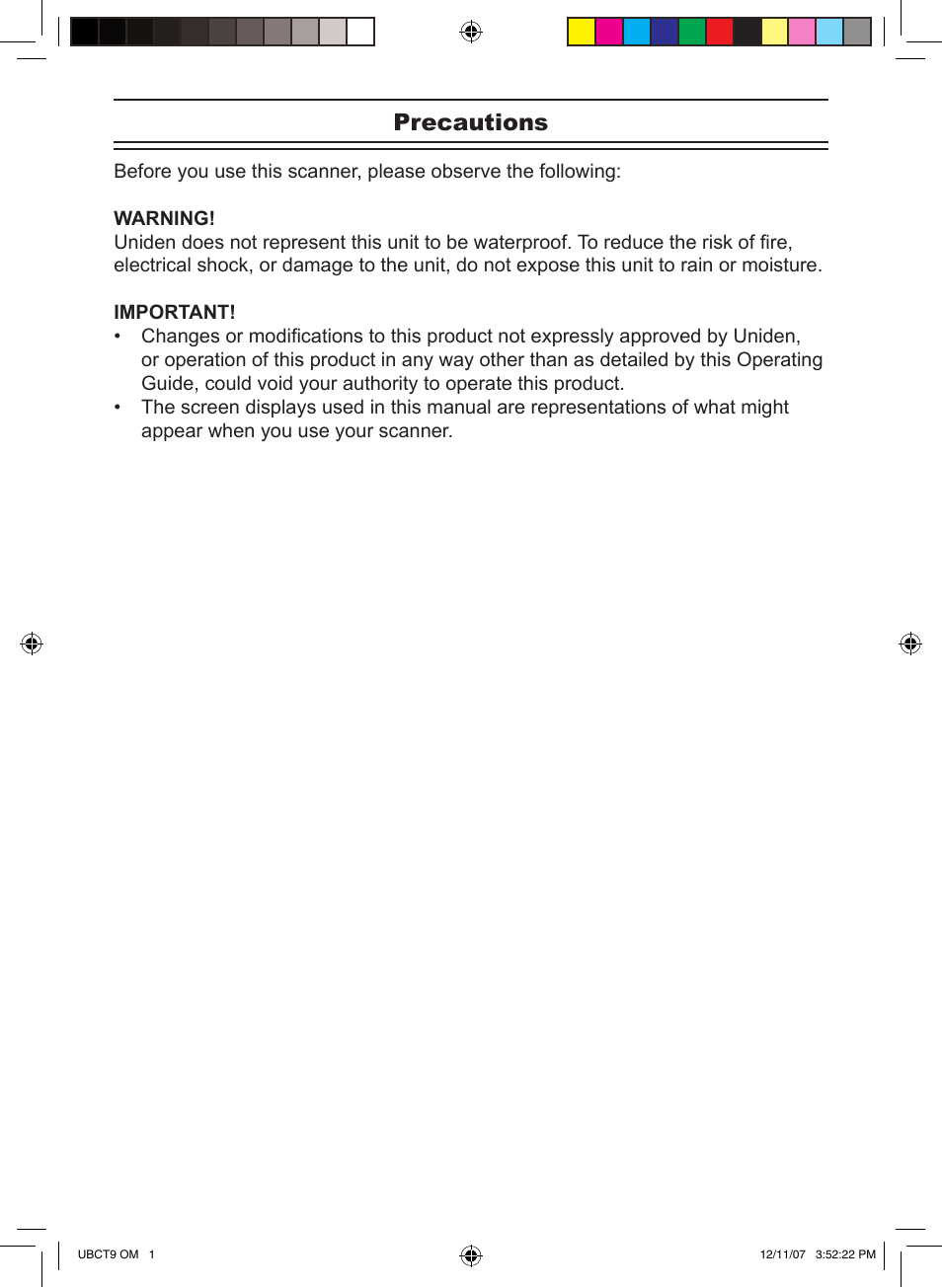 Precautions | Uniden UBCT9 User Manual | Page 2 / 68
