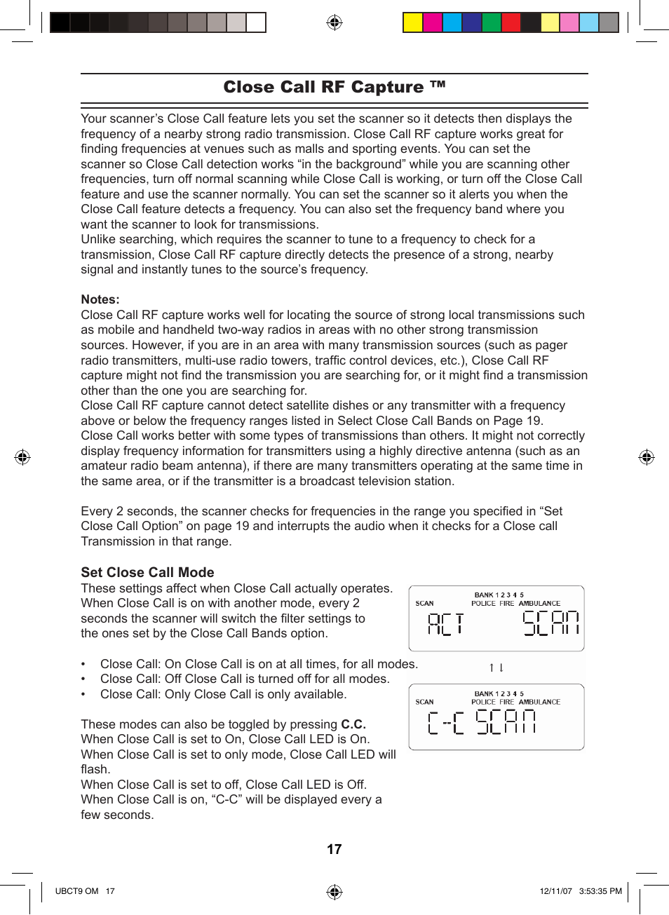 Close call rf capture | Uniden UBCT9 User Manual | Page 21 / 68