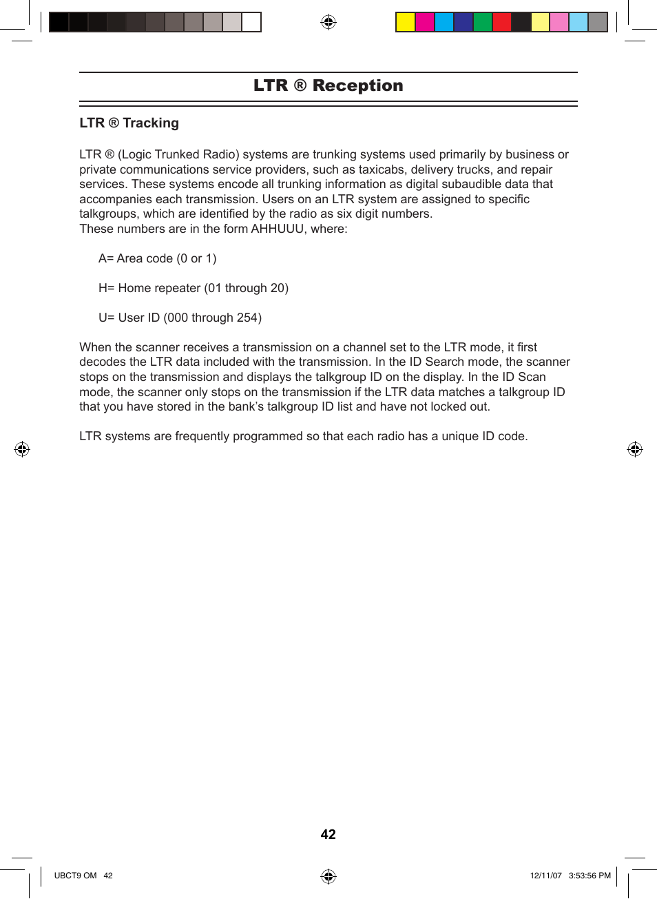 Ltr ® reception | Uniden UBCT9 User Manual | Page 46 / 68