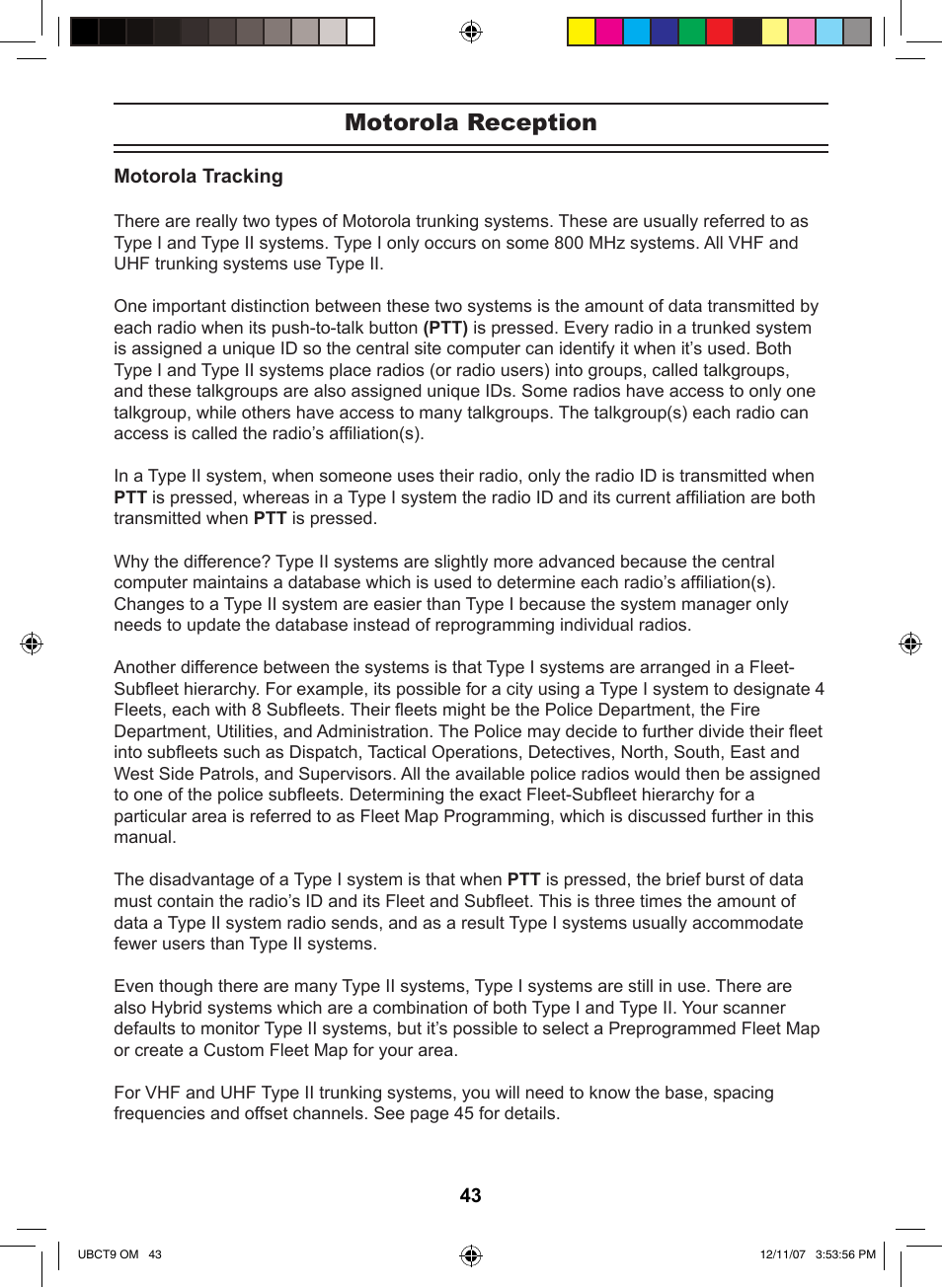 Motorola reception | Uniden UBCT9 User Manual | Page 47 / 68
