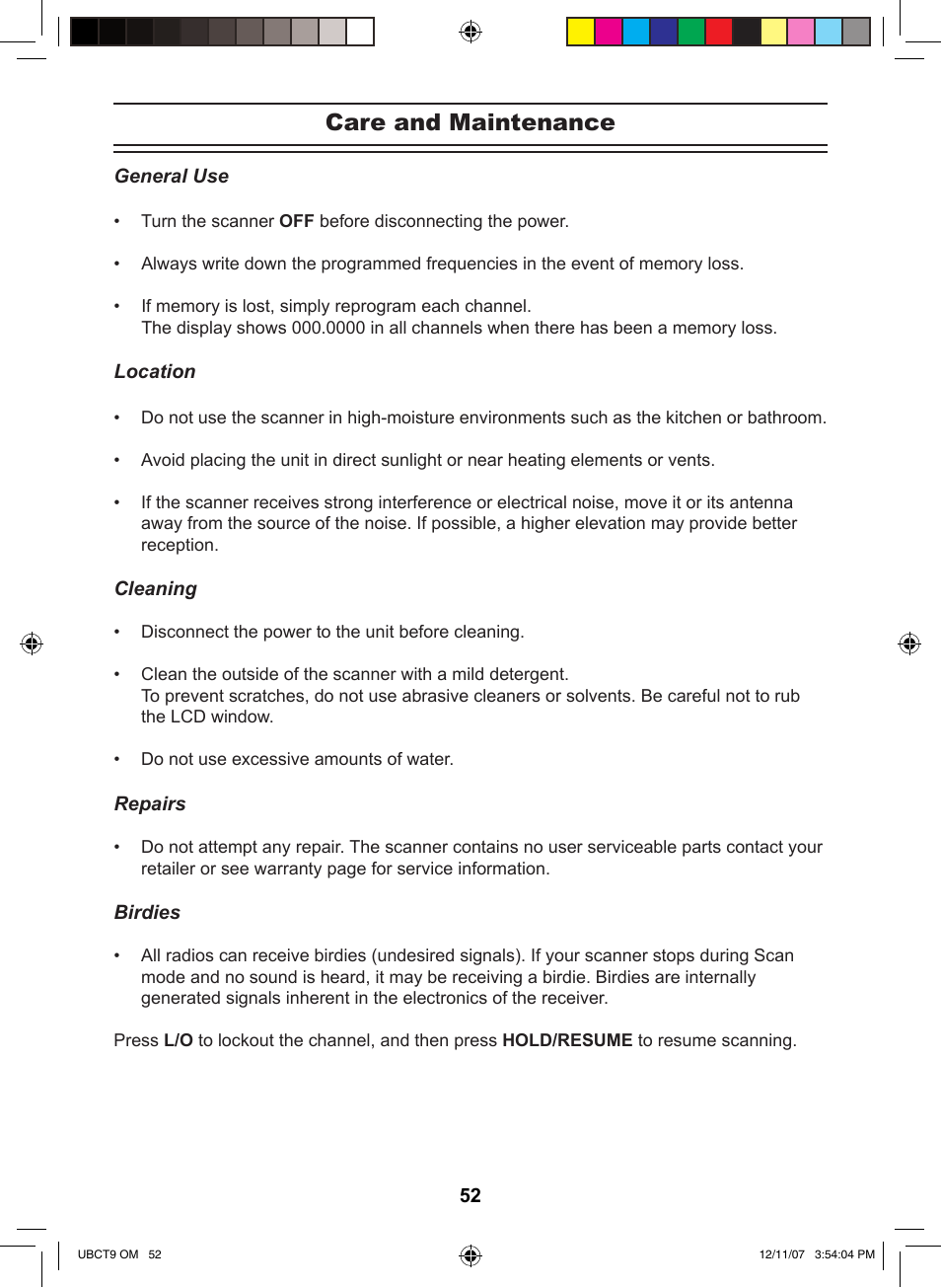 Care and maintenance | Uniden UBCT9 User Manual | Page 56 / 68