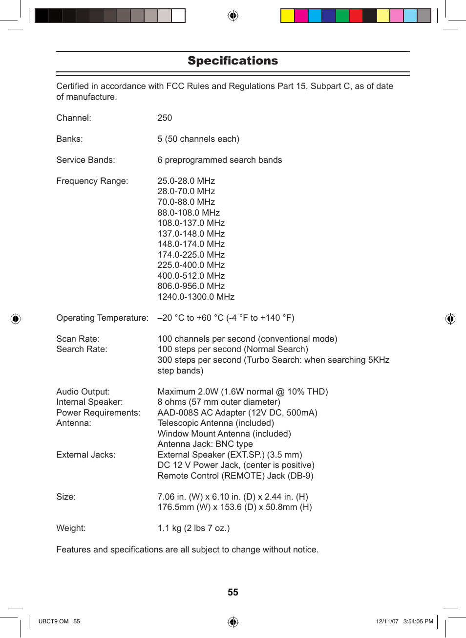 Specifications | Uniden UBCT9 User Manual | Page 59 / 68