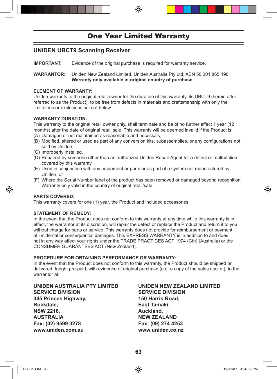 One year limited warranty | Uniden UBCT9 User Manual | Page 67 / 68