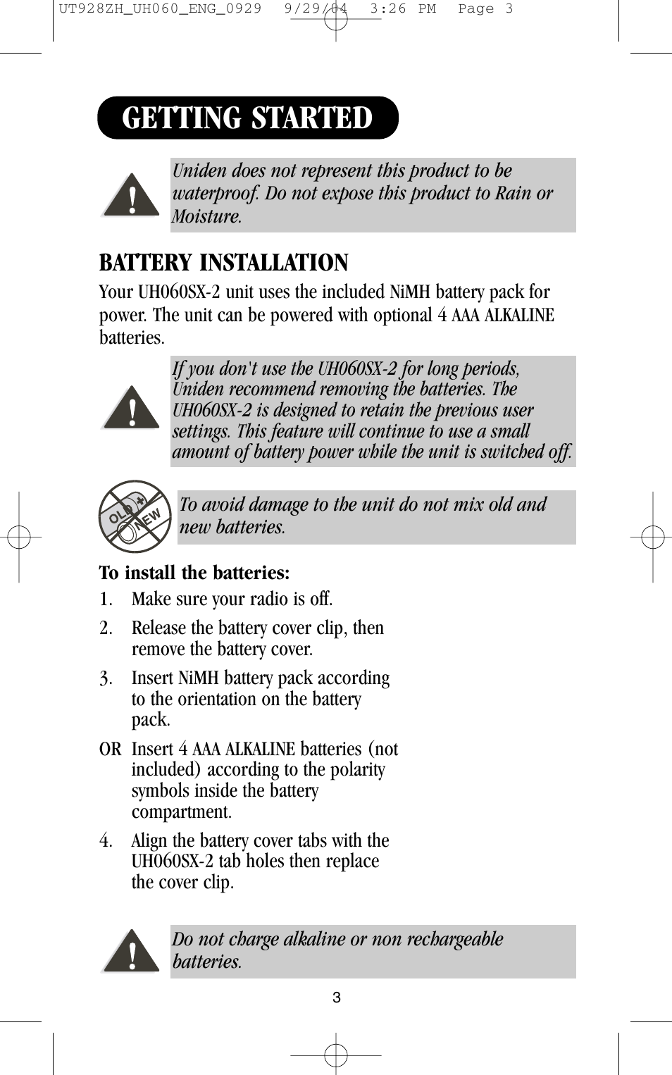 Getting started, Battery installation | Uniden UH060SX-2 User Manual | Page 3 / 12
