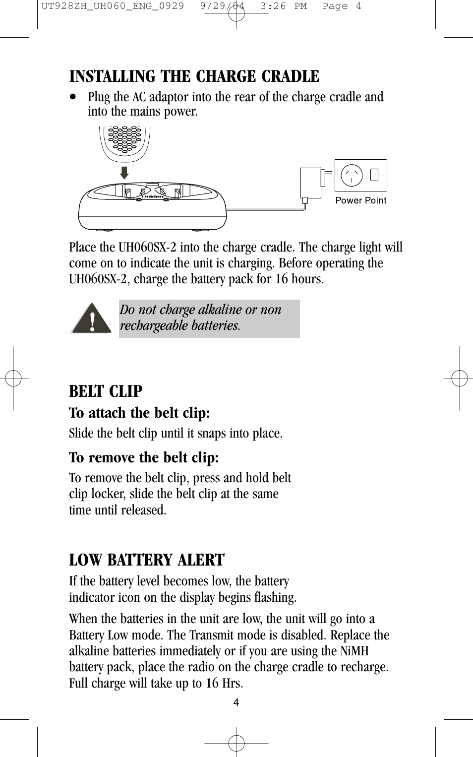 Belt clip low battery alert, Installing the charge cradle | Uniden UH060SX-2 User Manual | Page 4 / 12