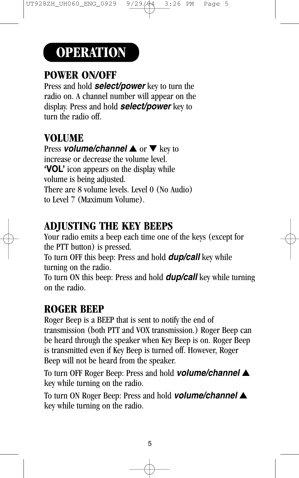 Operation, Power on/off, Volume | Adjusting the key beeps, Roger beep | Uniden UH060SX-2 User Manual | Page 5 / 12