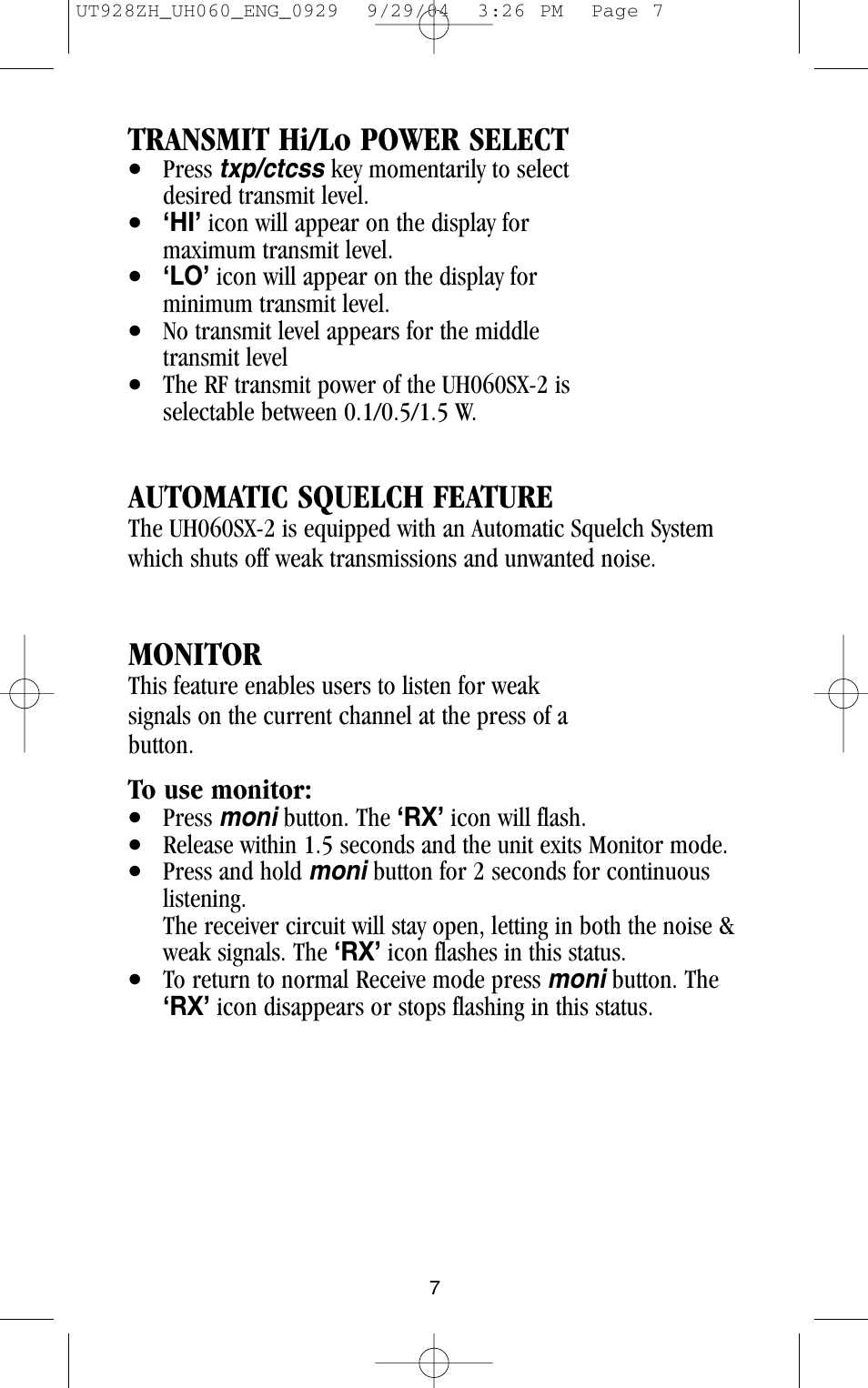 Automatic squelch feature, Monitor, Transmit hi/lo power select | Uniden UH060SX-2 User Manual | Page 7 / 12