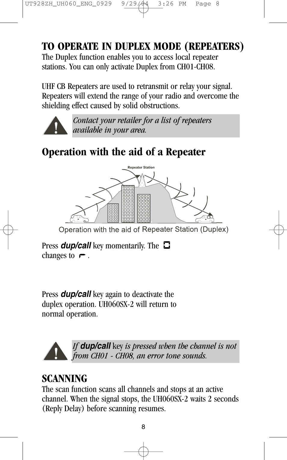 Scanning, Operation with the aid of a repeater | Uniden UH060SX-2 User Manual | Page 8 / 12