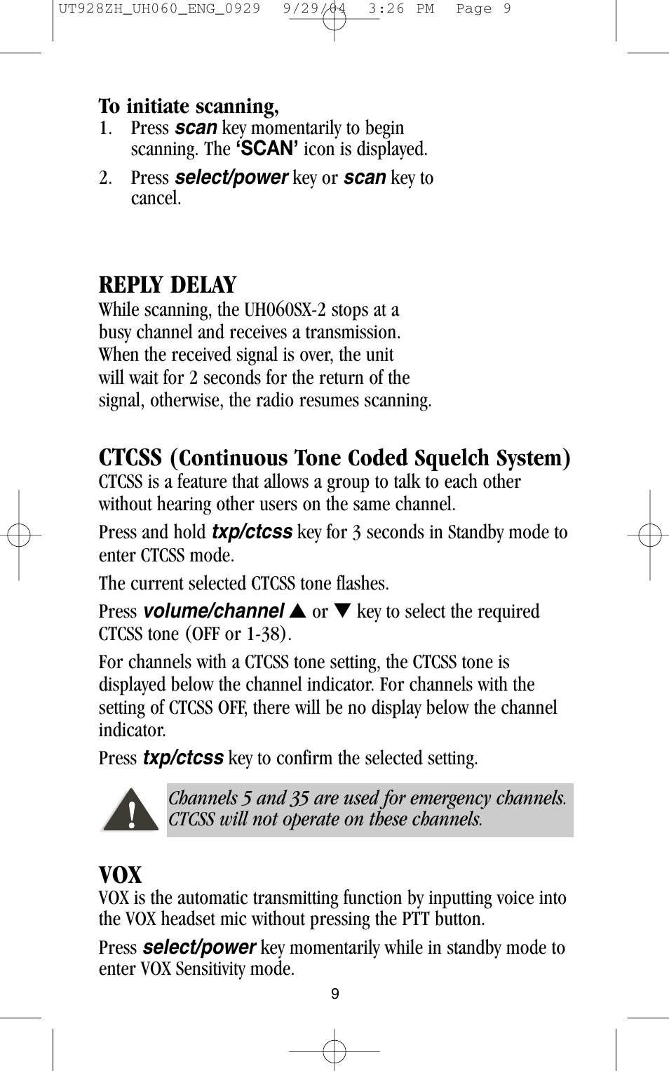 Reply delay, Ctcss, Continuous tone coded squelch system) | Uniden UH060SX-2 User Manual | Page 9 / 12