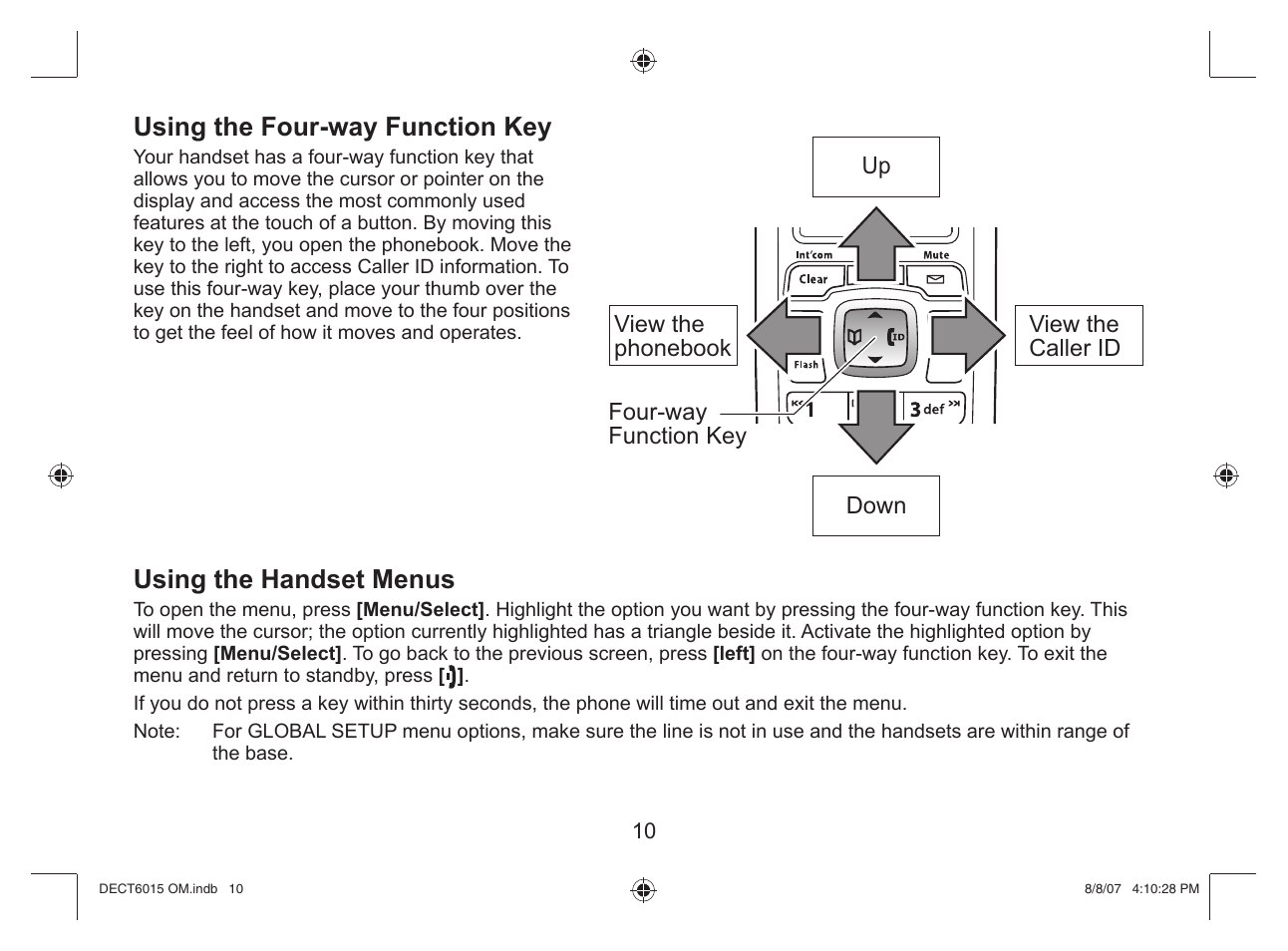 Using the four-way function key, Using the handset menus | Uniden DECT 6015 User Manual | Page 11 / 52