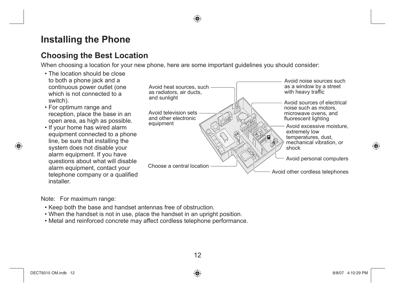 Installing the phone, Choosing the best location | Uniden DECT 6015 User Manual | Page 13 / 52