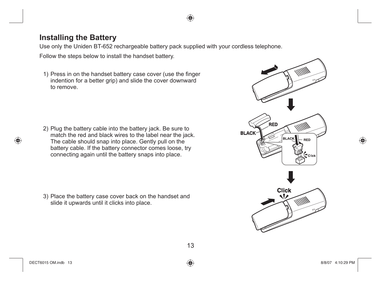 Installing the battery | Uniden DECT 6015 User Manual | Page 14 / 52