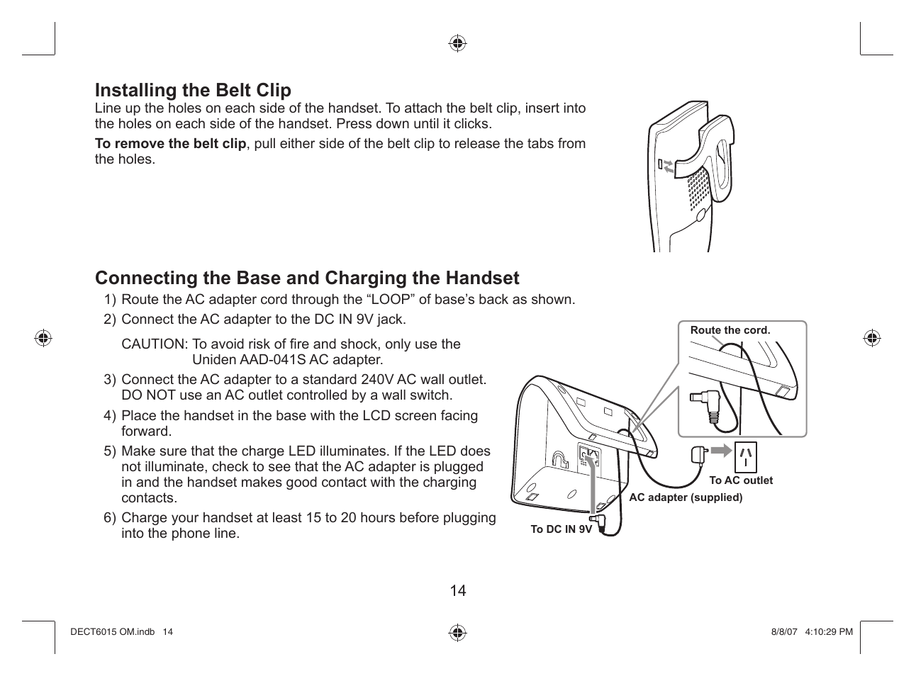 Installing the belt clip, Connecting the base and charging the handset | Uniden DECT 6015 User Manual | Page 15 / 52
