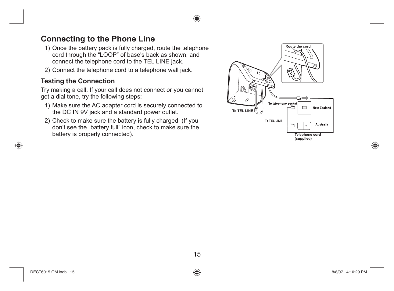 Connecting to the phone line | Uniden DECT 6015 User Manual | Page 16 / 52