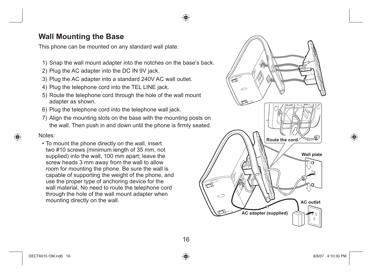 Wall mounting the base | Uniden DECT 6015 User Manual | Page 17 / 52