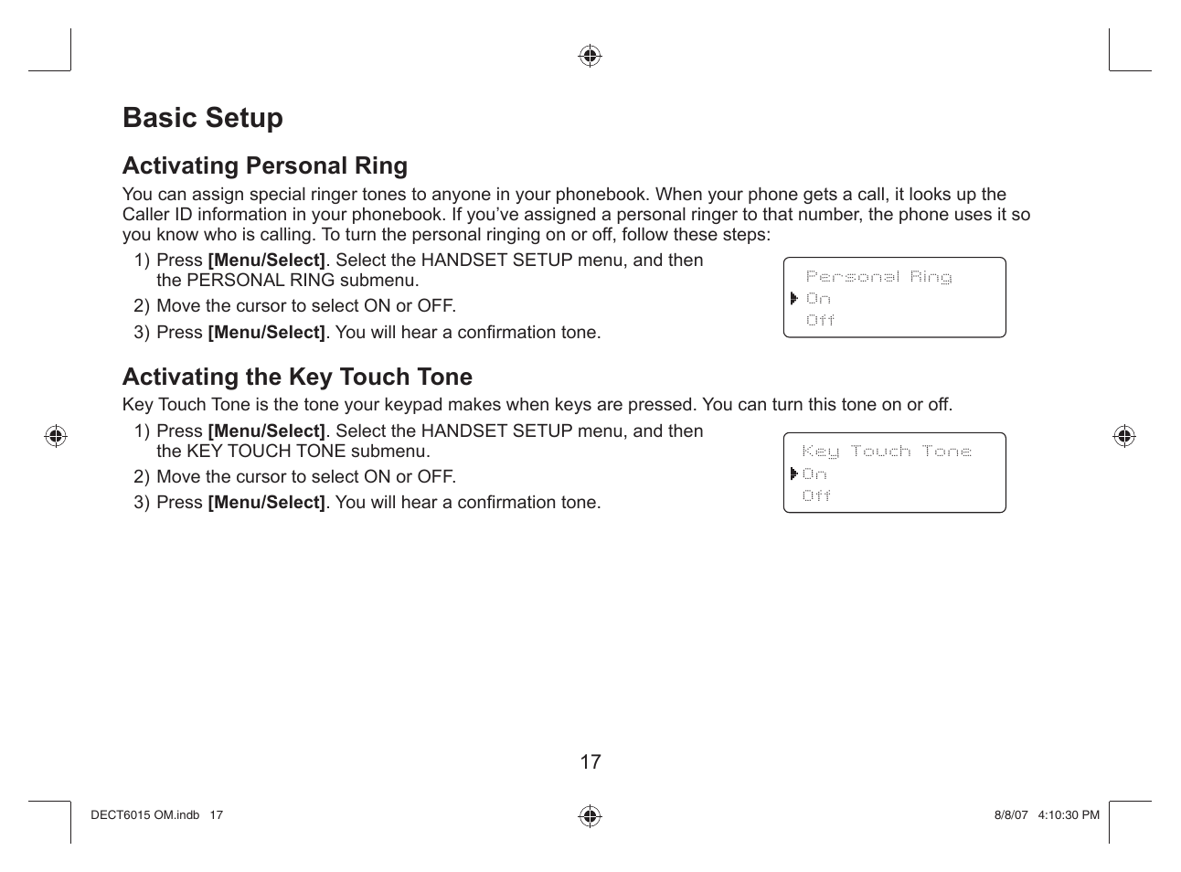 Basic setup, Activating personal ring, Activating the key touch tone | Uniden DECT 6015 User Manual | Page 18 / 52