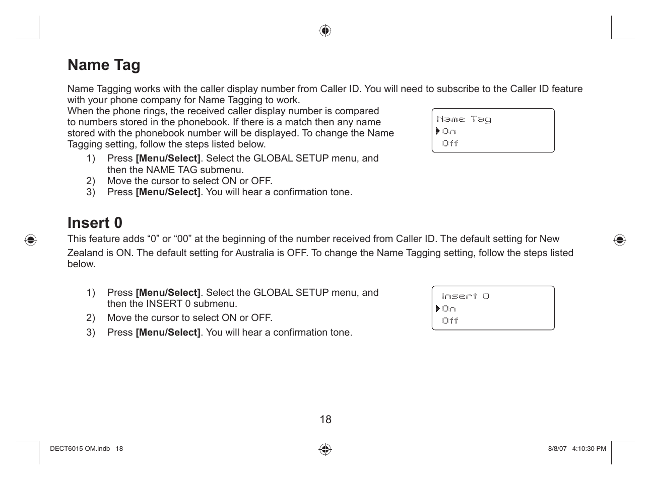 Name tag, Insert 0 | Uniden DECT 6015 User Manual | Page 19 / 52