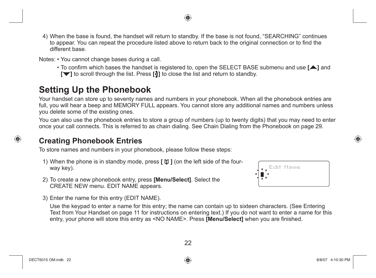 Setting up the phonebook, Creating phonebook entries | Uniden DECT 6015 User Manual | Page 23 / 52