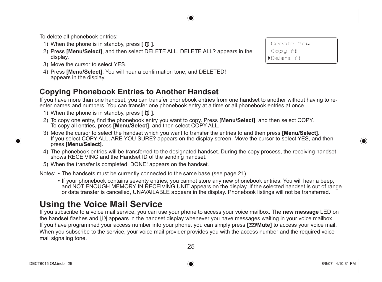 Using the voice mail service, Copying phonebook entries to another handset | Uniden DECT 6015 User Manual | Page 26 / 52