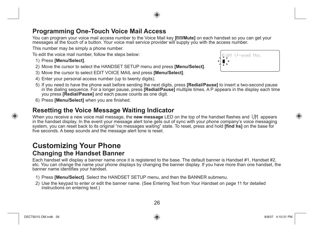 Customizing your phone, Programming one-touch voice mail access, Resetting the voice message waiting indicator | Changing the handset banner | Uniden DECT 6015 User Manual | Page 27 / 52