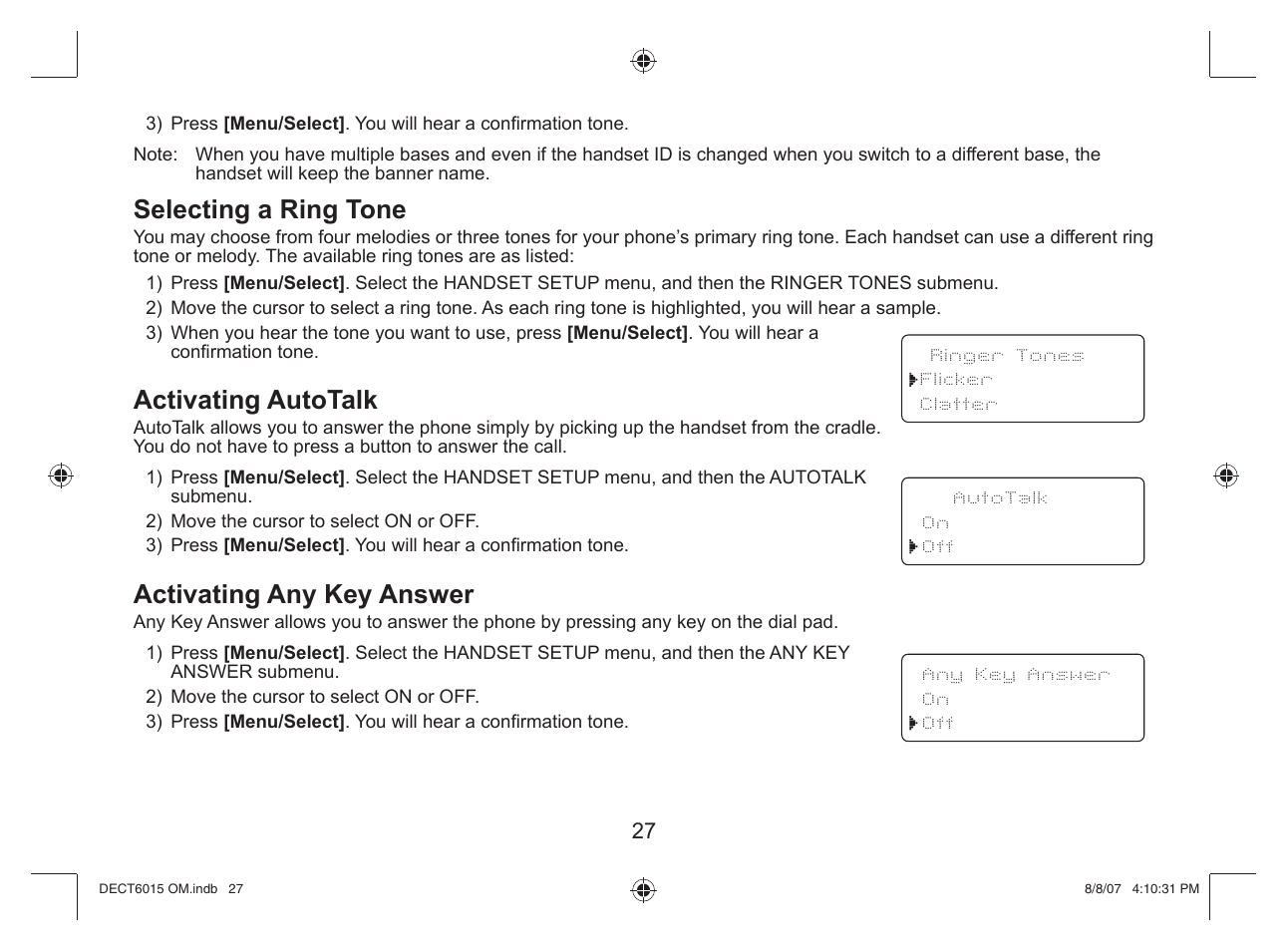 Selecting a ring tone, Activating autotalk, Activating any key answer | Uniden DECT 6015 User Manual | Page 28 / 52
