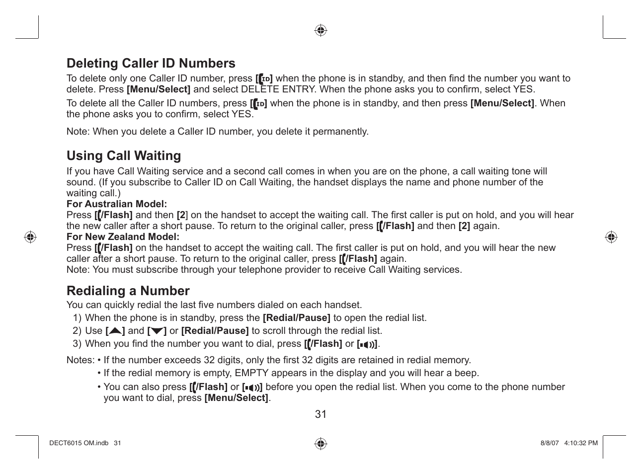Deleting caller id numbers, Using call waiting, Redialing a number | Uniden DECT 6015 User Manual | Page 32 / 52
