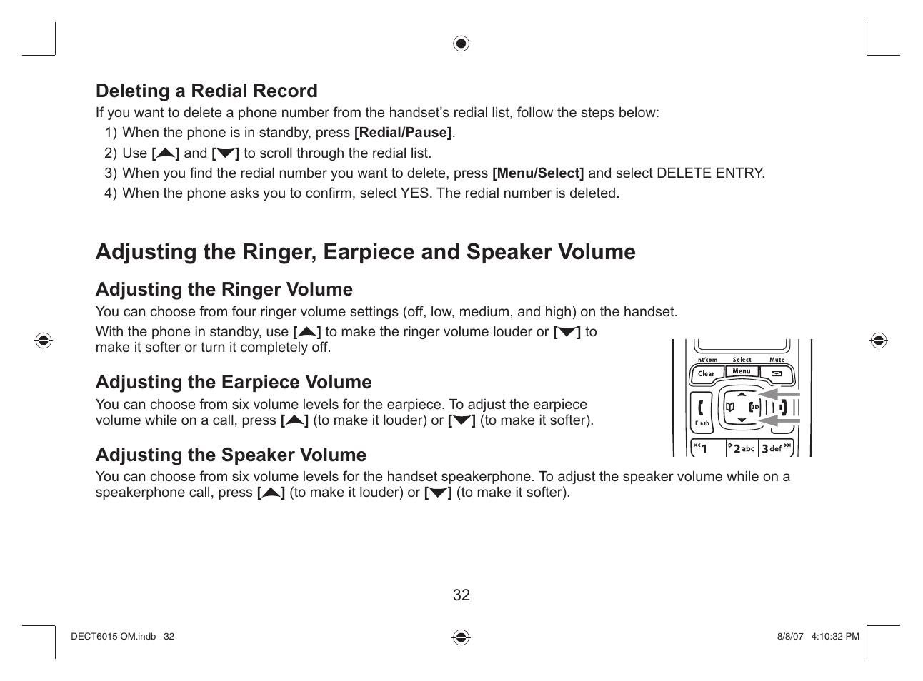 Adjusting the ringer, earpiece and speaker volume, Deleting a redial record, Adjusting the ringer volume | Adjusting the earpiece volume, Adjusting the speaker volume | Uniden DECT 6015 User Manual | Page 33 / 52