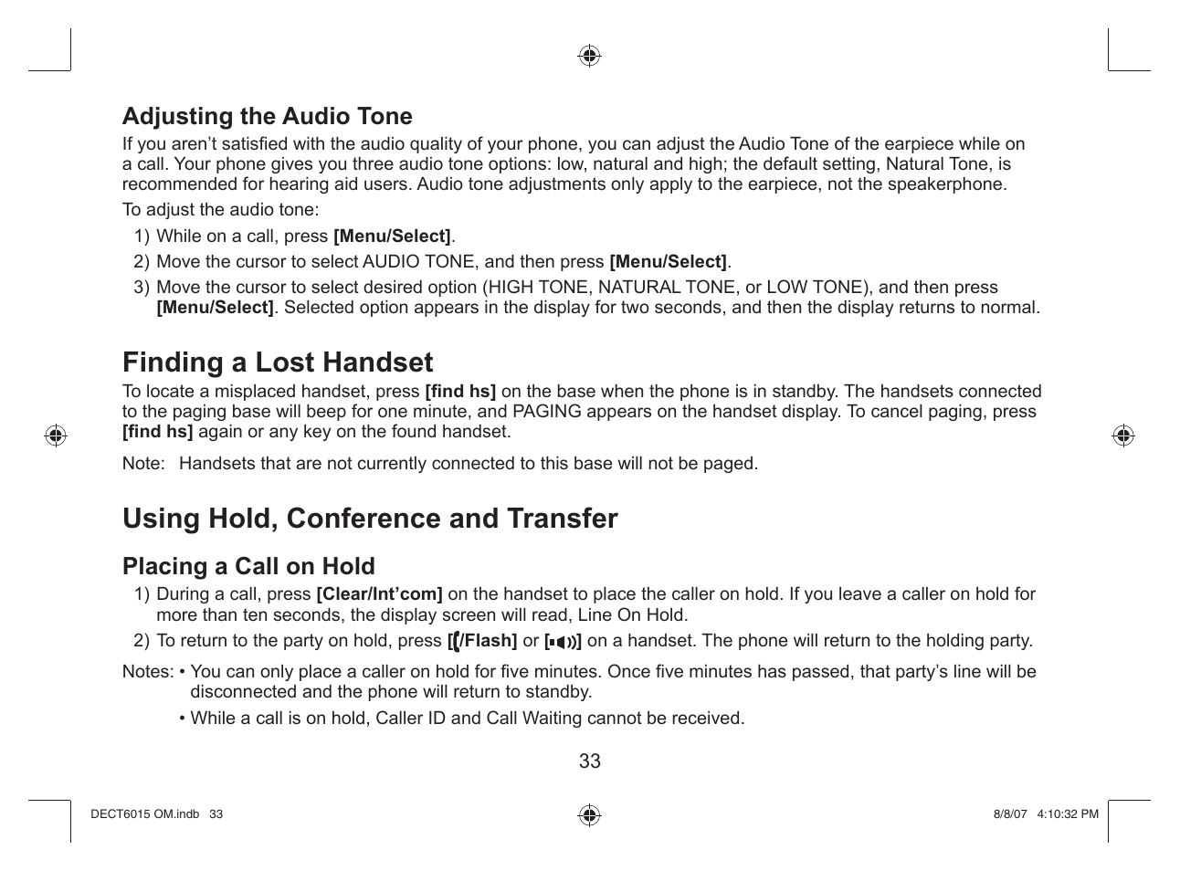 Finding a lost handset, Using hold, conference and transfer, Adjusting the audio tone | Placing a call on hold | Uniden DECT 6015 User Manual | Page 34 / 52