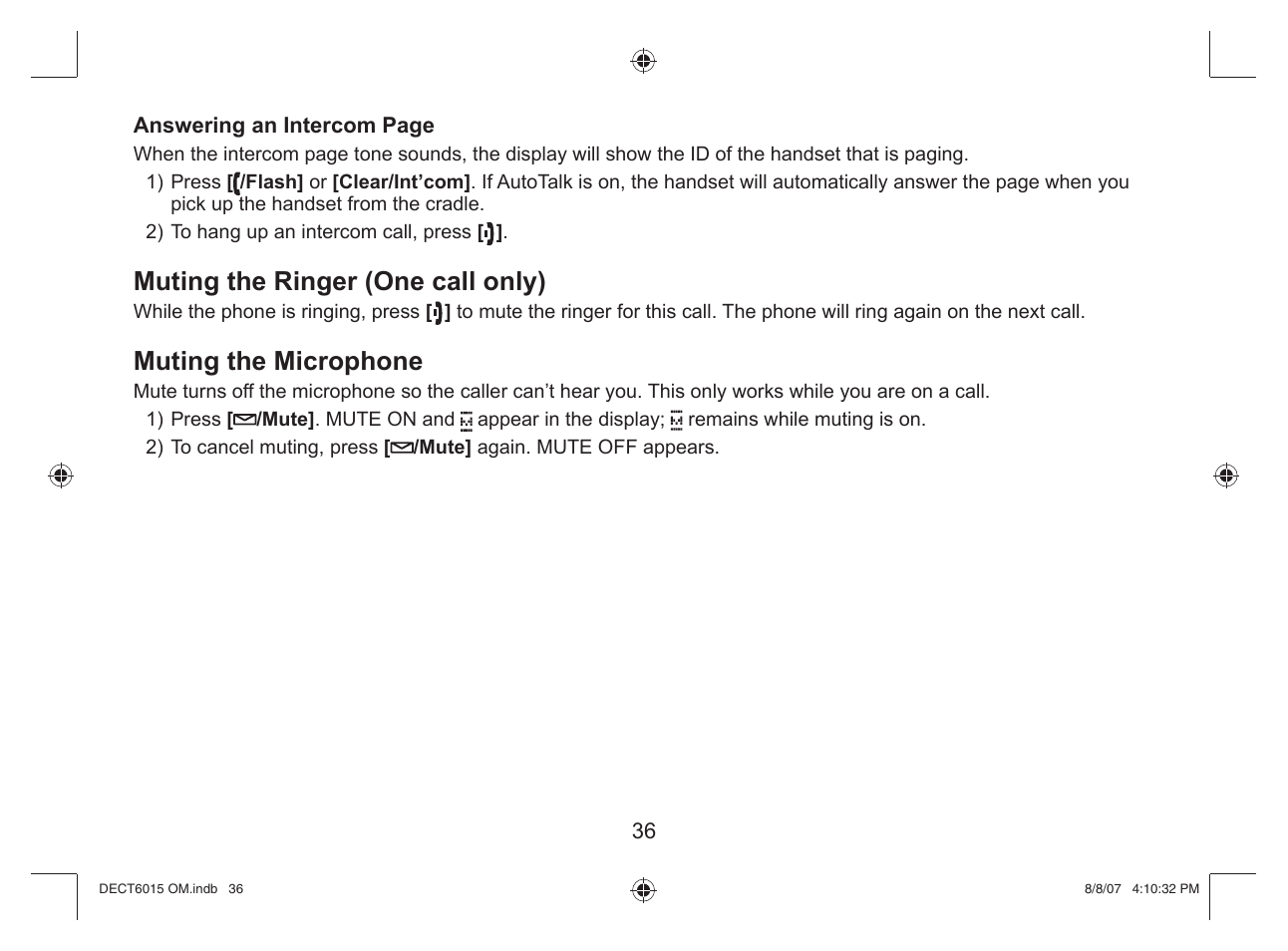 Muting the ringer (one call only), Muting the microphone | Uniden DECT 6015 User Manual | Page 37 / 52