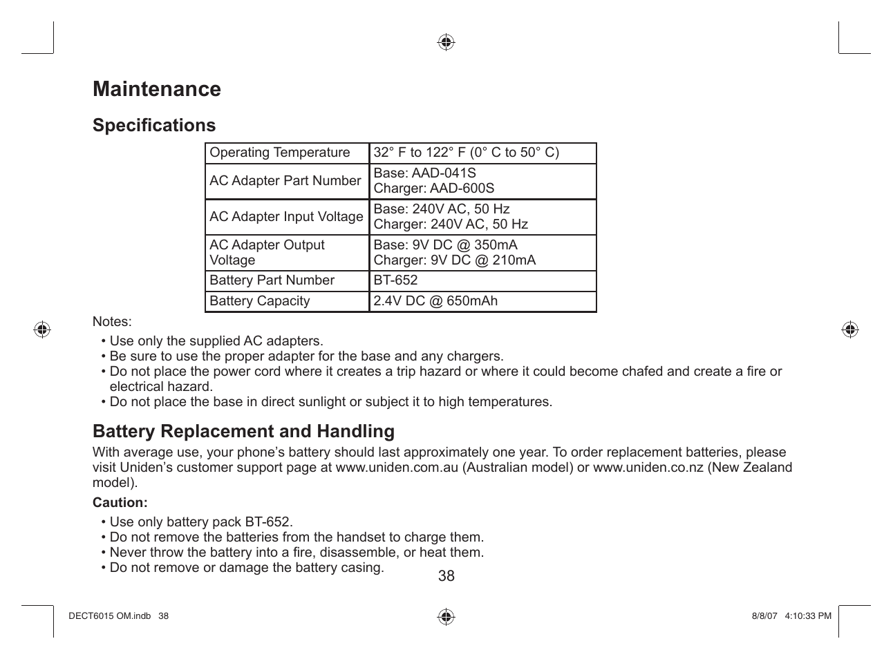 Maintenance, Specifi cations, Battery replacement and handling | Uniden DECT 6015 User Manual | Page 39 / 52