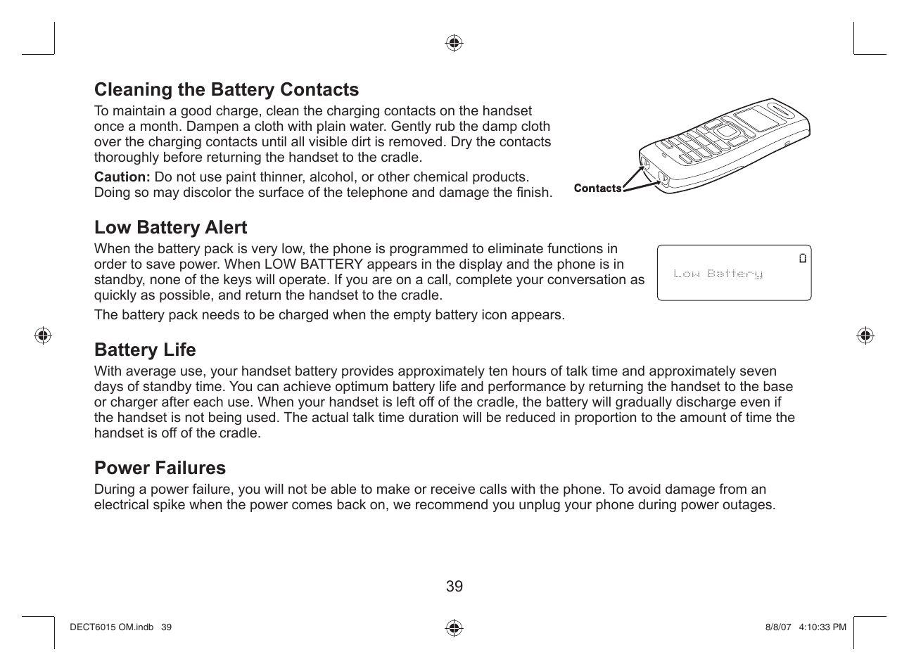 Cleaning the battery contacts, Low battery alert, Battery life | Power failures | Uniden DECT 6015 User Manual | Page 40 / 52