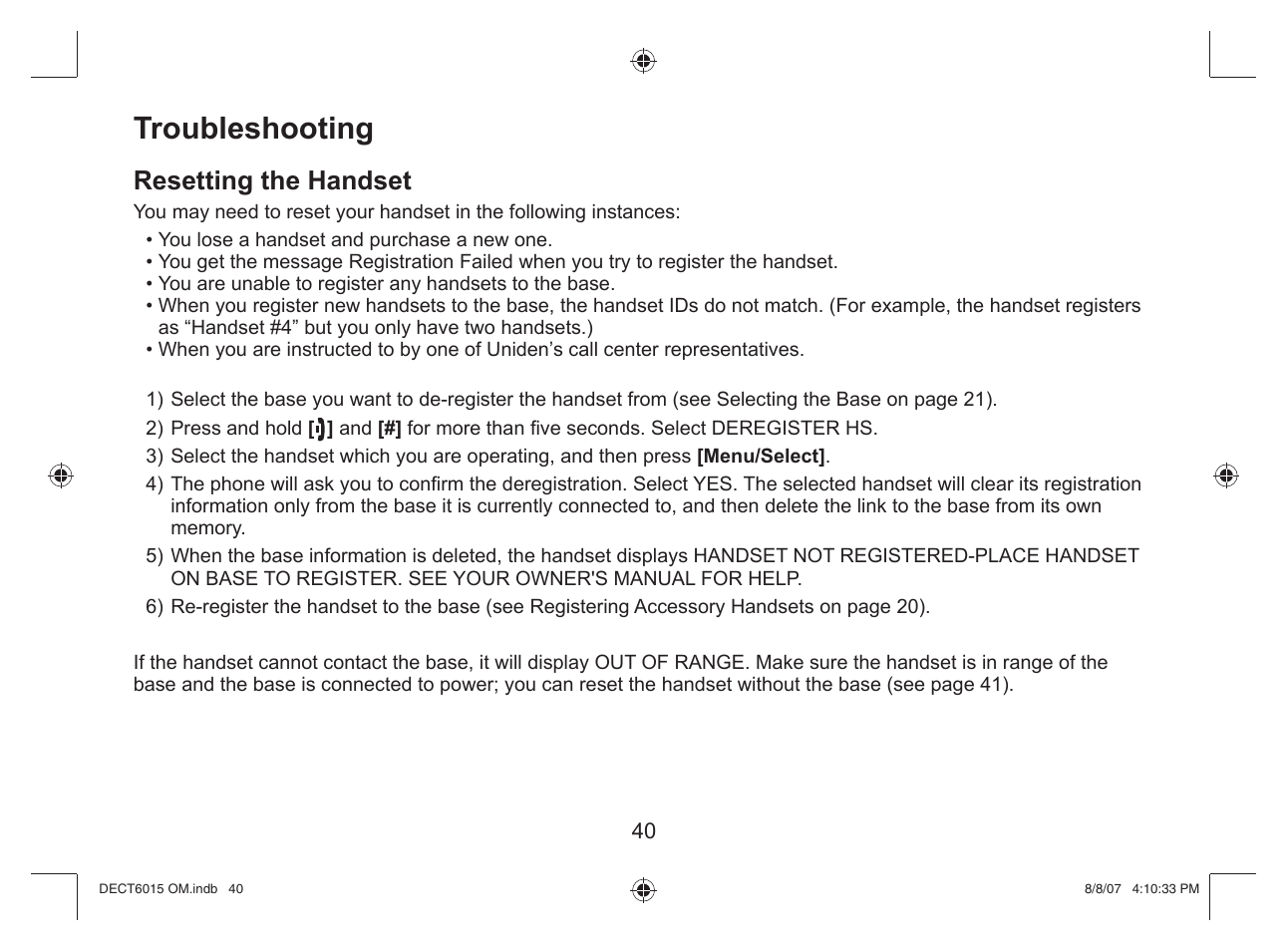 Troubleshooting, Resetting the handset | Uniden DECT 6015 User Manual | Page 41 / 52