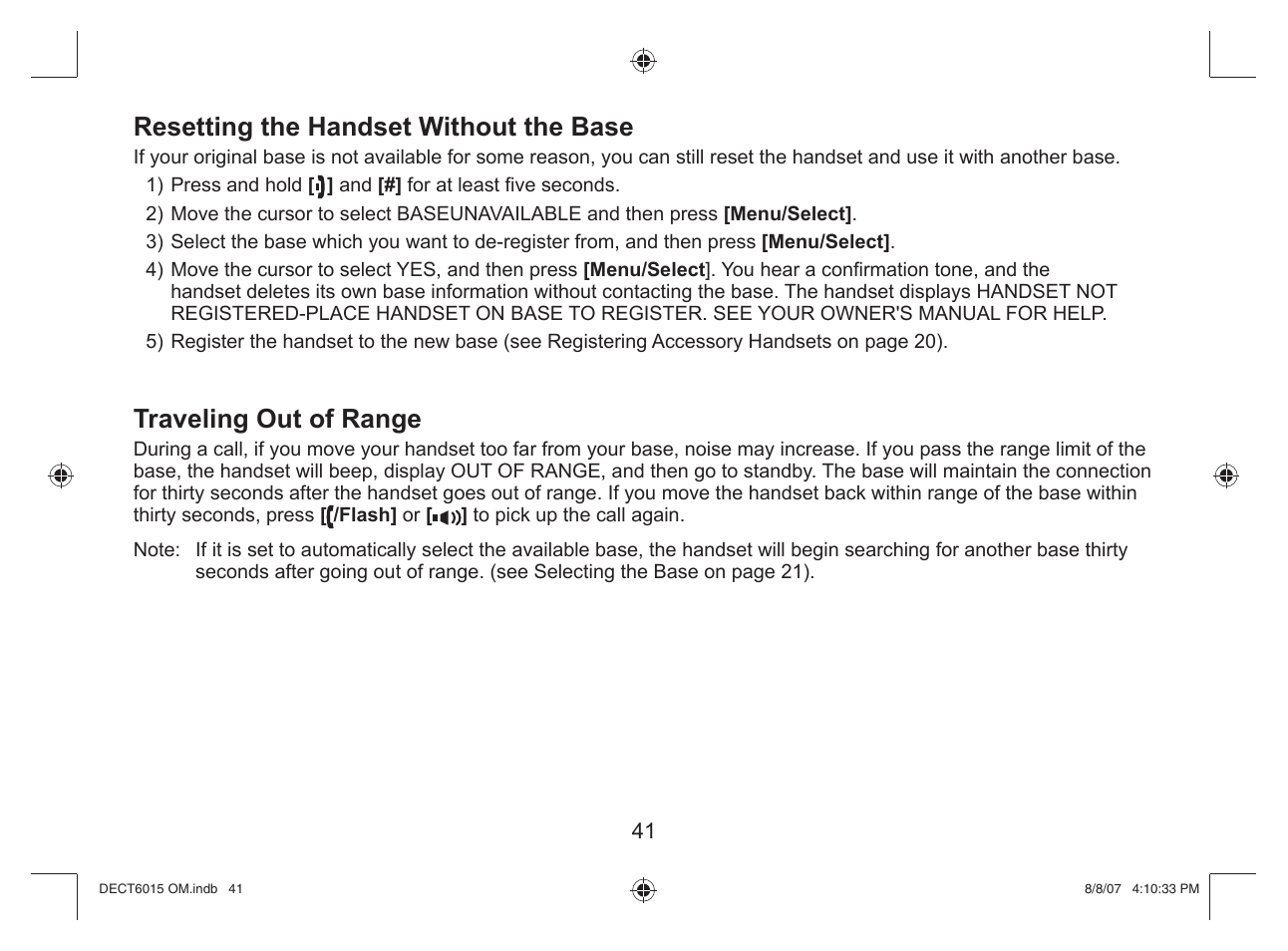 Resetting the handset without the base, Traveling out of range | Uniden DECT 6015 User Manual | Page 42 / 52