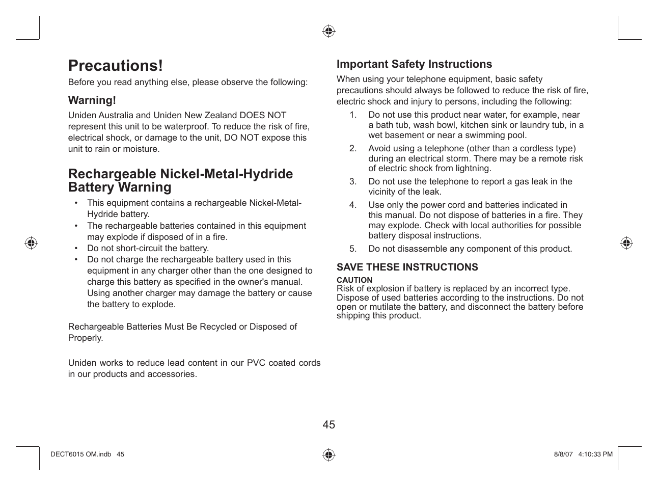 Precautions, Rechargeable nickel-metal-hydride battery warning | Uniden DECT 6015 User Manual | Page 46 / 52