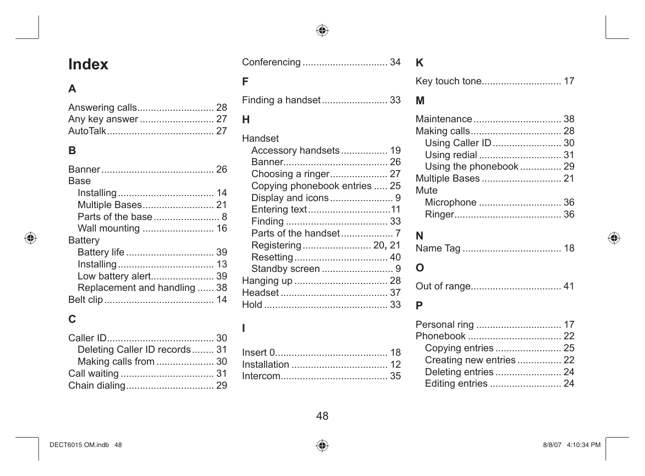 Index | Uniden DECT 6015 User Manual | Page 49 / 52
