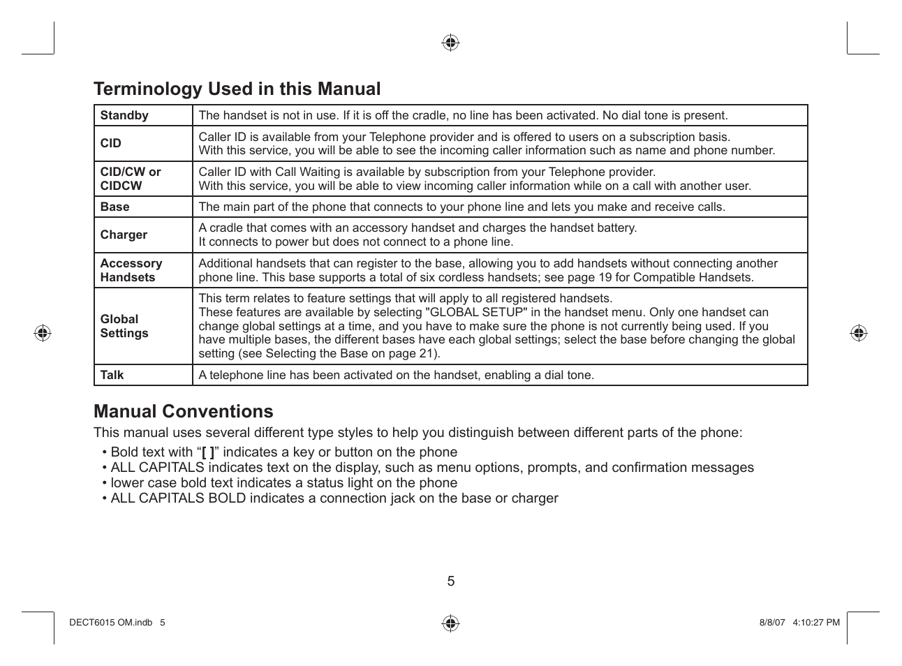 Terminology used in this manual, Manual conventions | Uniden DECT 6015 User Manual | Page 6 / 52