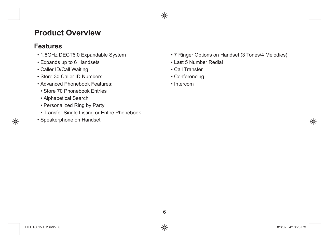 Product overview, Features | Uniden DECT 6015 User Manual | Page 7 / 52