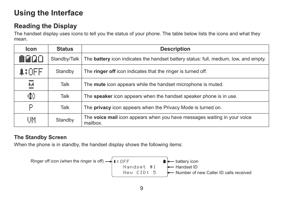 Using the interface, Reading the display, Reading.the.display | Uniden DECT2060 User Manual | Page 10 / 56