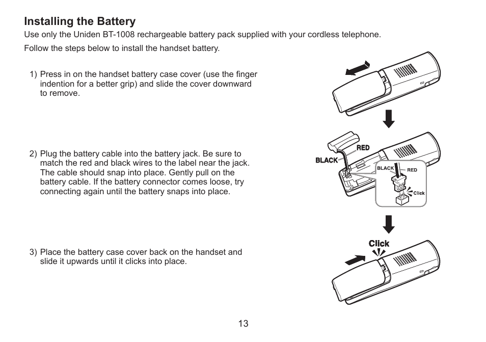 Installing the battery | Uniden DECT2060 User Manual | Page 14 / 56