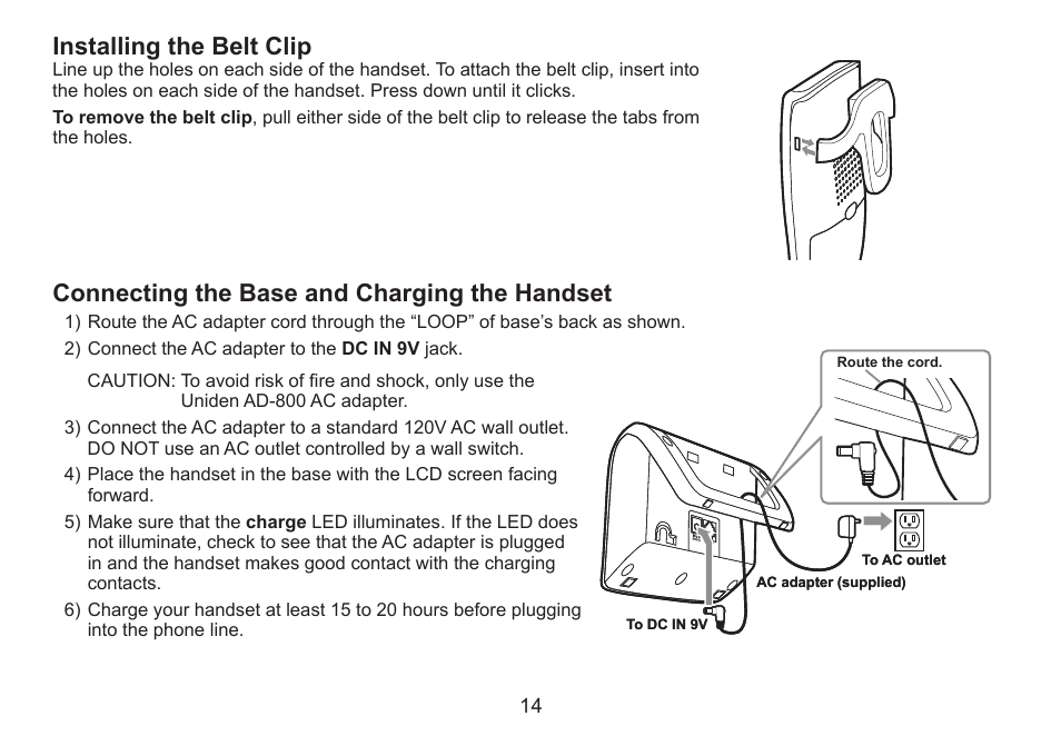 Installing the belt clip, Connecting the base and charging the handset, Connecting.the.base.and.charging.the.handset... 4 | Uniden DECT2060 User Manual | Page 15 / 56