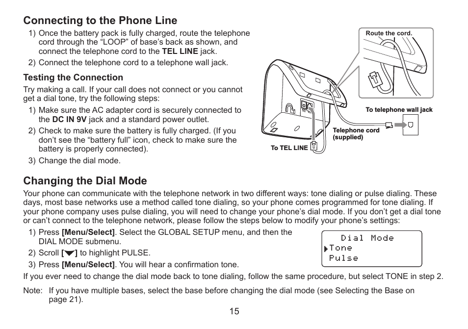 Connecting to the phone line, Changing the dial mode | Uniden DECT2060 User Manual | Page 16 / 56