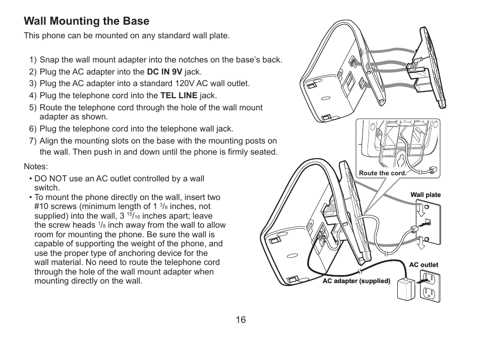 Wall mounting the base | Uniden DECT2060 User Manual | Page 17 / 56