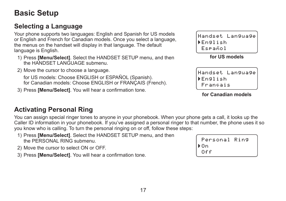 Basic setup, Selecting a language, Activating personal ring | Uniden DECT2060 User Manual | Page 18 / 56