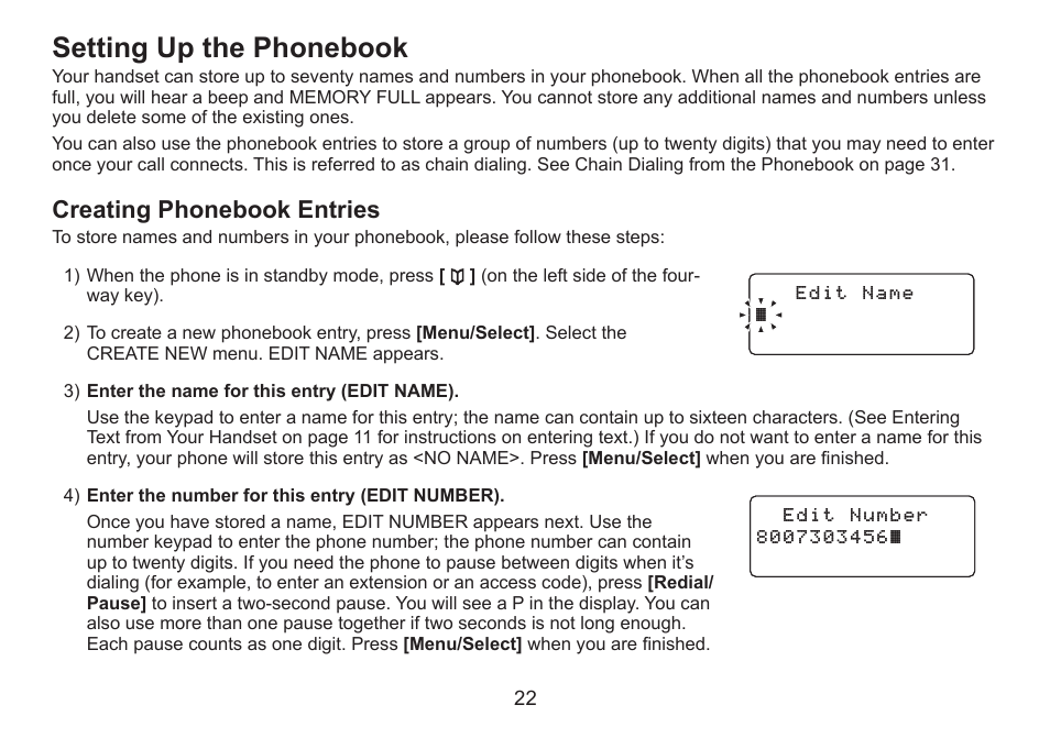 Setting up the phonebook, Creating phonebook entries, Creating.phonebook.entries | Uniden DECT2060 User Manual | Page 23 / 56