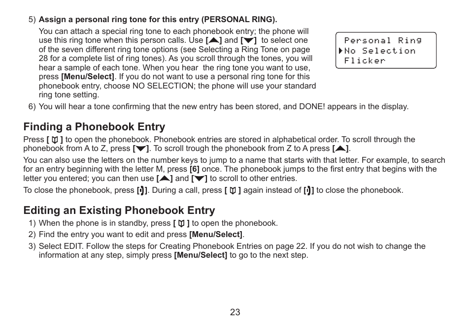 Finding a phonebook entry, Editing an existing phonebook entry, Finding.a.phonebook.entry | Editing.an.existing.phonebook.entry | Uniden DECT2060 User Manual | Page 24 / 56